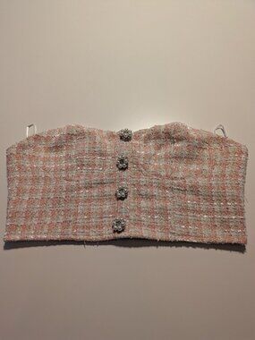 SHEIN Women’s Large Tweed Crop Top Pearl Button Strapless Pink White Bustier